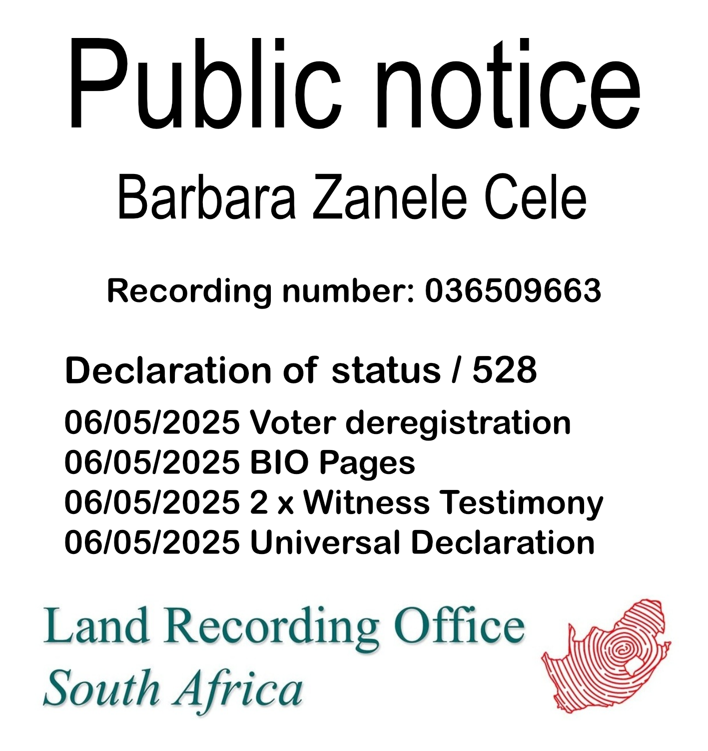 Public Notice Barbara Zanele Cele (c) Recording number 036509663